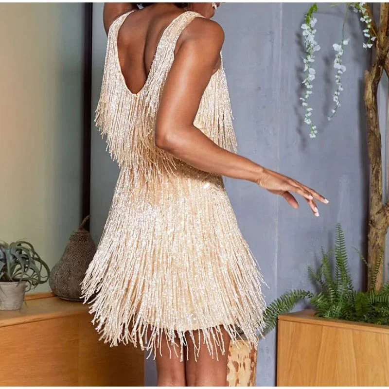 Women's Tassel Sequins Feather Stitching Shining Evening Party Mini Dress
