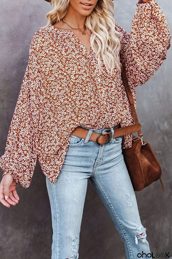 Floral Print Long Sleeve V Neck Casual Shirt