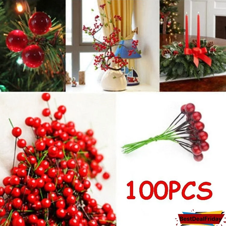 100Pcs Artificial Fake Red Holly Berry DIY Craft Accessories Christmas Decor on Wire Bundle Garland Wreath