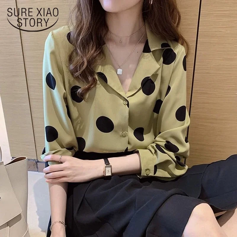 Hong Kong Style Vintage Tops Chiffon Casual Blouse Dot Shirts Women 2022 Spring Fashion Notched Blusas Mujer De Moda 8886 50