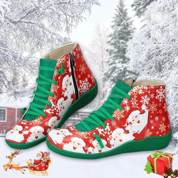 Women plus size clothing Women Christmas Stanta Claus Print Ankle Boots Winter Lace Up Booties Flat Shoes-Nordswear