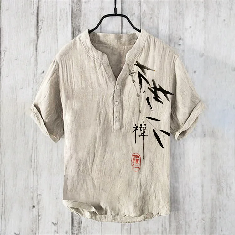 Vintage Zen Bamboo Japanese Text Art Linen Blend Shirt