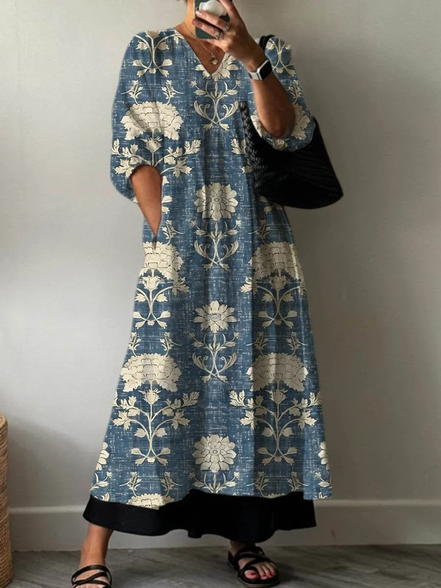Women's Vintage Lovely Floral Art Print Pocket V-neck Cotton Dress
