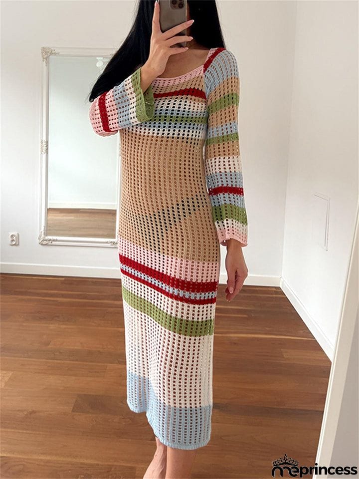New Stylish Multi Striped Hollow Out Bodycon Long Crochet Dresses