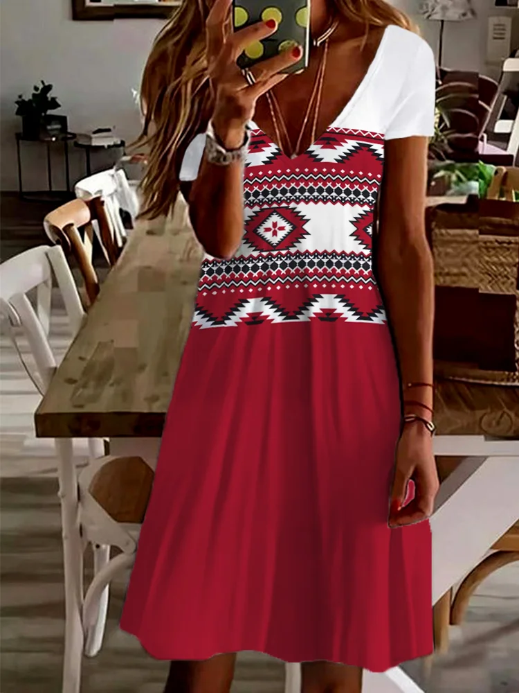 Comstylish Western Ethnic Aztec V Neck Midi Dress