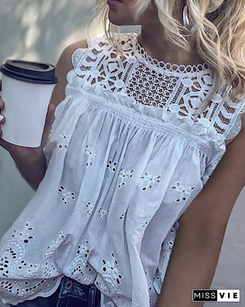 Eyelet Embroidery Hollow Out Casual T-shirt P11480