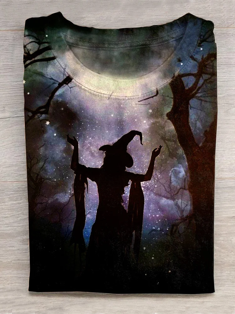 Unisex Halloween Witch Print Casual T-Shirt