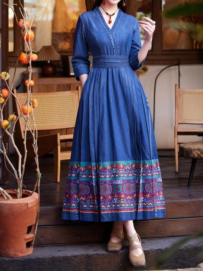 Women's Denim Embroidered 3/4 Sleeve V-neck Maxi Dress