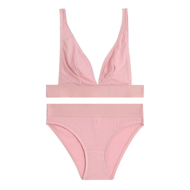 FINETOO Seamless Bra Set Women Deep V Wireless Tops Low-Rise Briefs S-2XL Plus Size Ladies Underwear Suit Soft Top Lingerie 2021