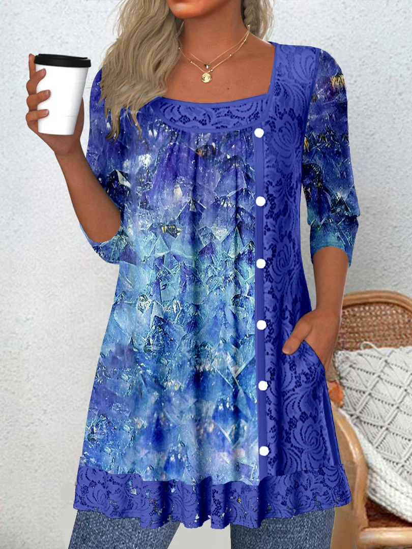 Women's Long Sleeve Scoop Neck Graphic Lace Tops