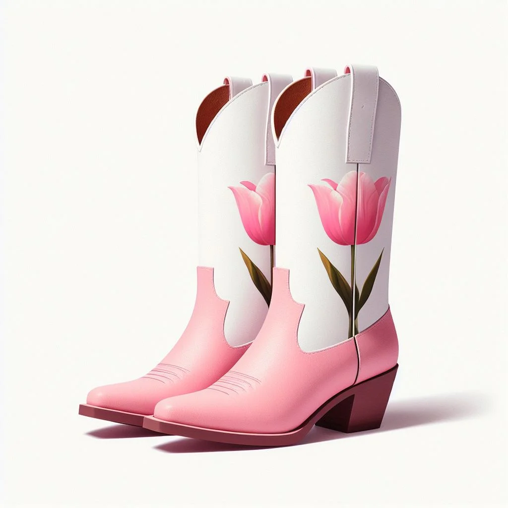Pink & White Tulips Print Chunky Heel Mid-Calf Cowboy Boots for Women Nicepairs