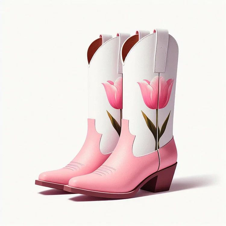 Pink & White Tulips Print Chunky Heel Mid-Calf Cowboy Boots for Women |FSJ Shoes