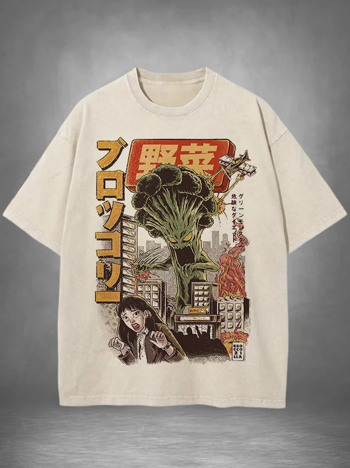 Men's Broccoli Monster Japanese Art Print Cotton Washed T-Shirt