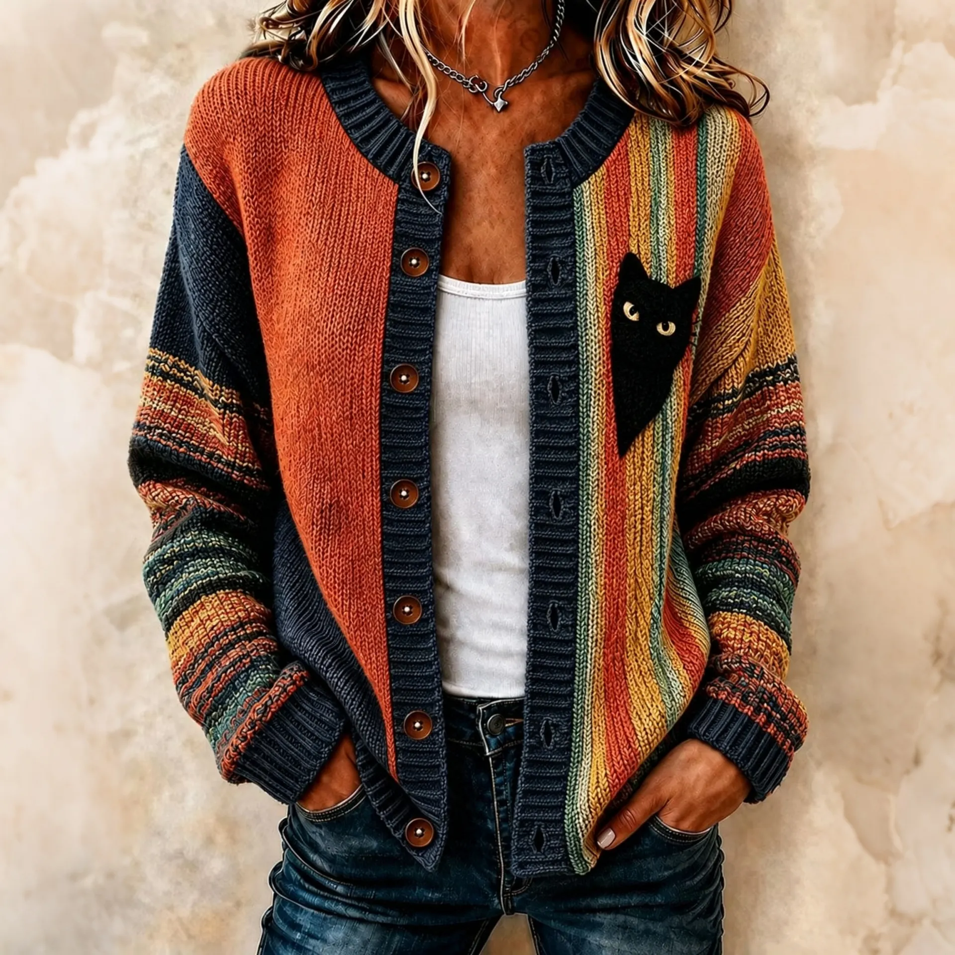 Comstylish Women's Retro Striped Color Block Black Cat Print Crew Neck Cardigan