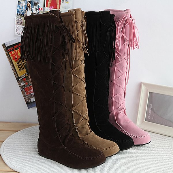 Women New Boho Casual Cross Strap Lace Up Flat Tassel High Boots Fashion Shoes - Life is Beautiful for You - SheChoic