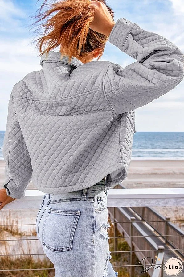 Gray Quilted Pocketed Zip Up Cropped Jacket