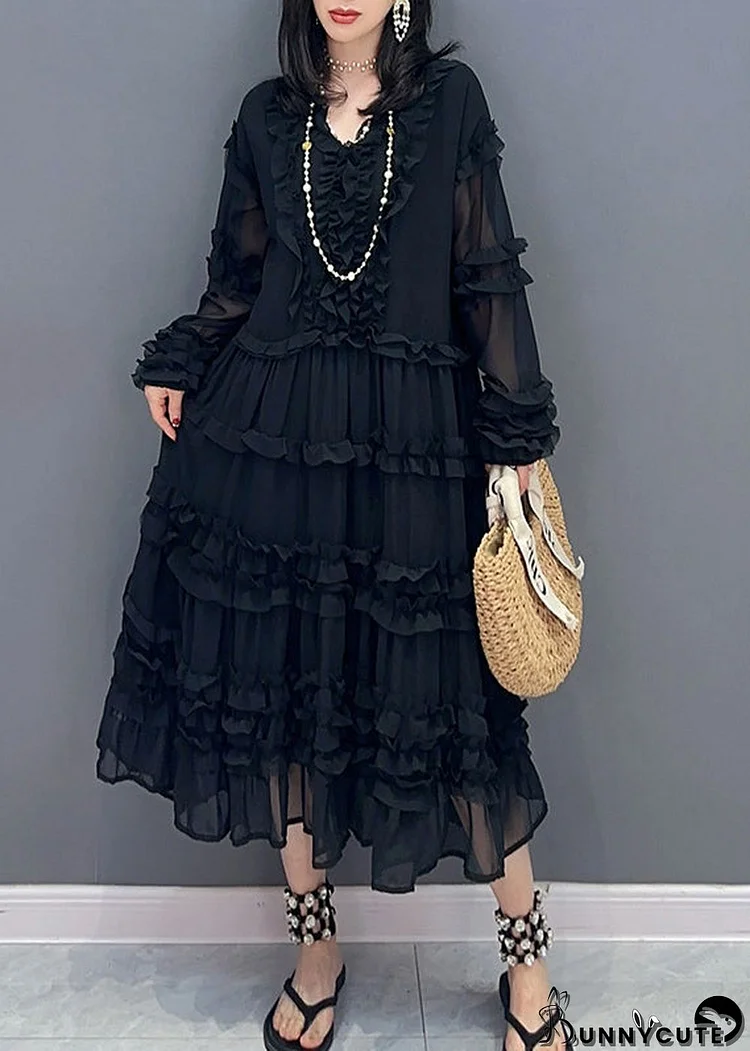 Black Patchwork Solid Holiday Chiffon Maxi Dress Long Sleeve