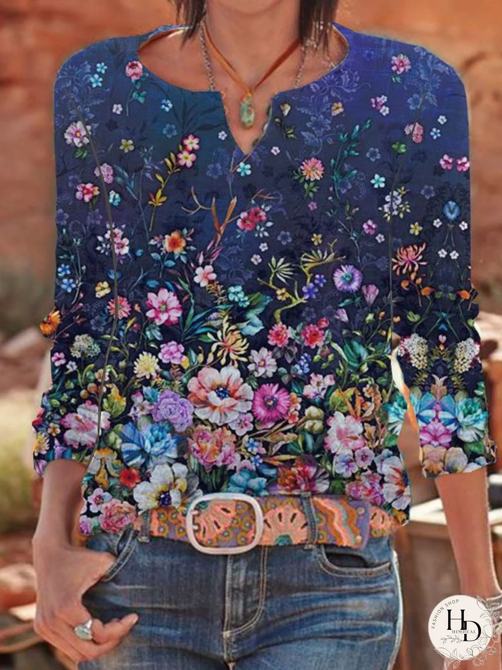 Floral Long Sleeve Printed Cotton-blend V neck Top