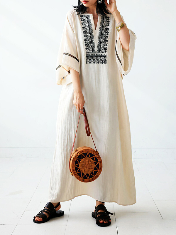 Casual V Neck Embroidered Short Sleeve Maxi Dress