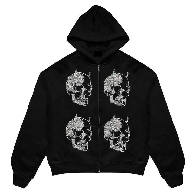 Rhinestone Skull Streetwear Men's Oversized Hoodie Zip Up Coat-VESSFUL