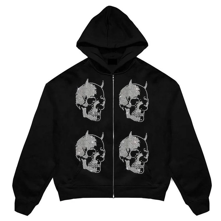 Rhinestone Skull Streetwear Men's Oversized Hoodie Zip Up Coat-VESSFUL