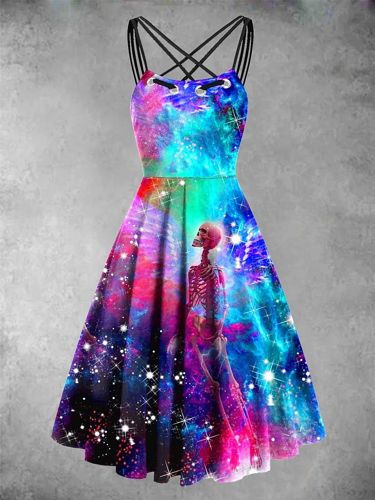 Women's Punk Rock Skull Rose Starry Gradient Rainbow Dress