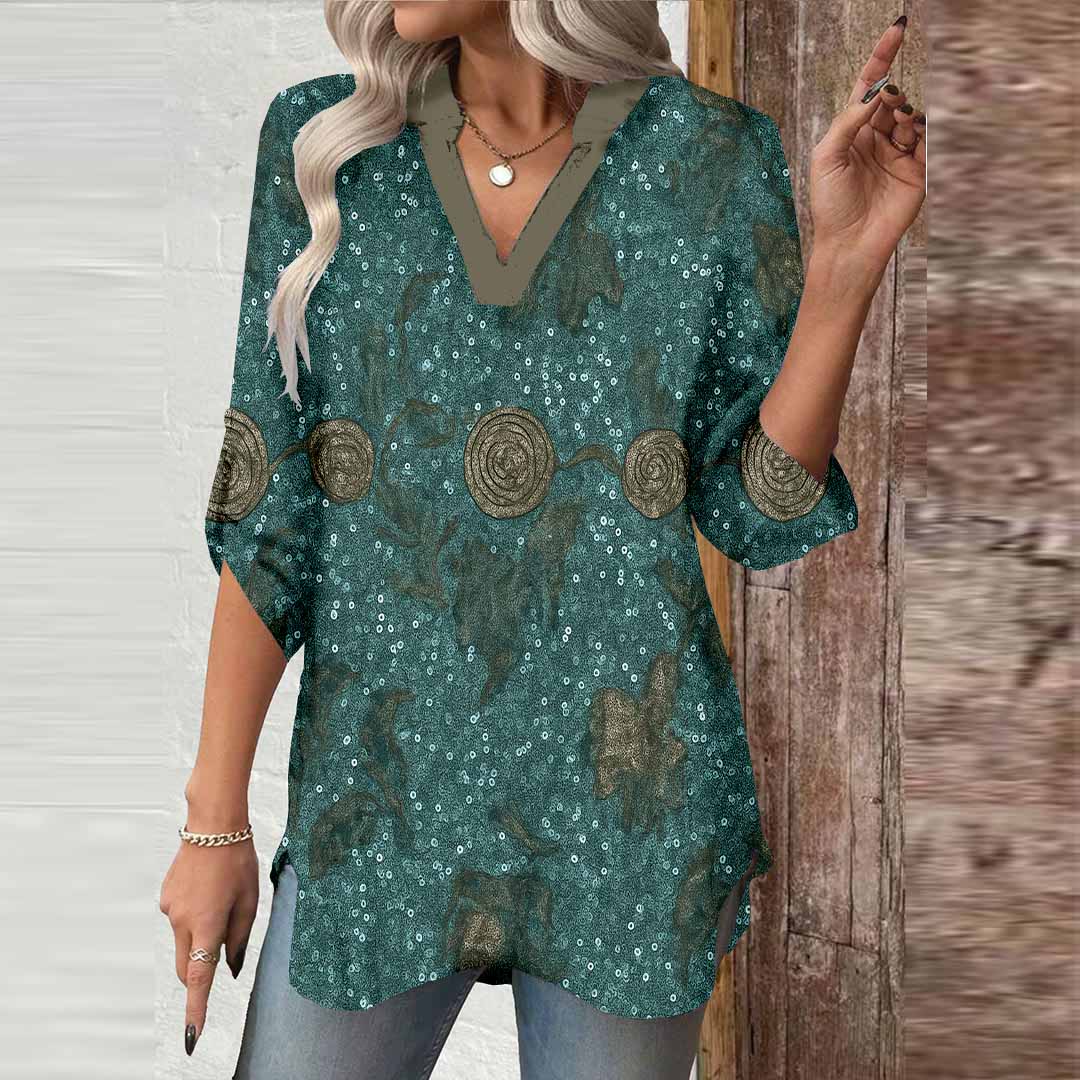 Women Blue, Flowers, Shiny DZGA0397 3/4 Sleeve V-neck Printed Graphic Button Tops