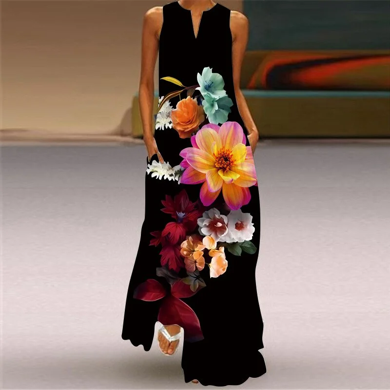 New Summer Fashion Print fashion Insert Pocket Long Dress Elegant Women's Fashion Loose V-neck Mandarin Duck Print Dresses Vestidos