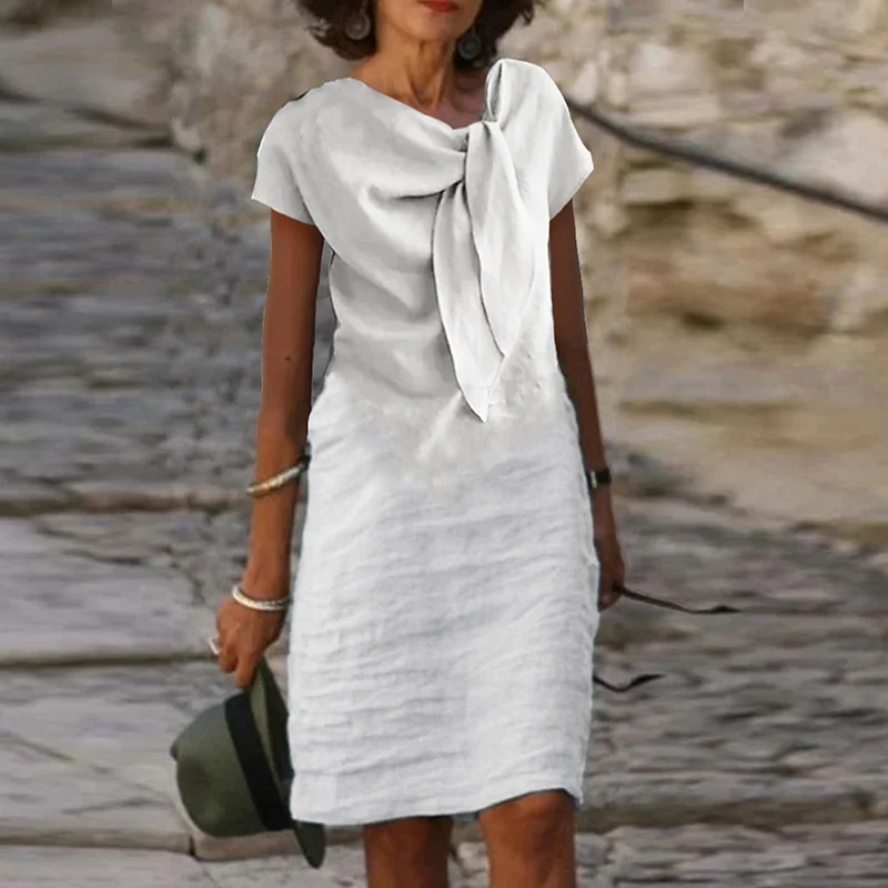 Billionm Female Slim A Line Dress Elegant Women Cotton Linen Solid Color Mini Dress 2023 Summer Short Sleeve Lace-Up Bow Fold Dress