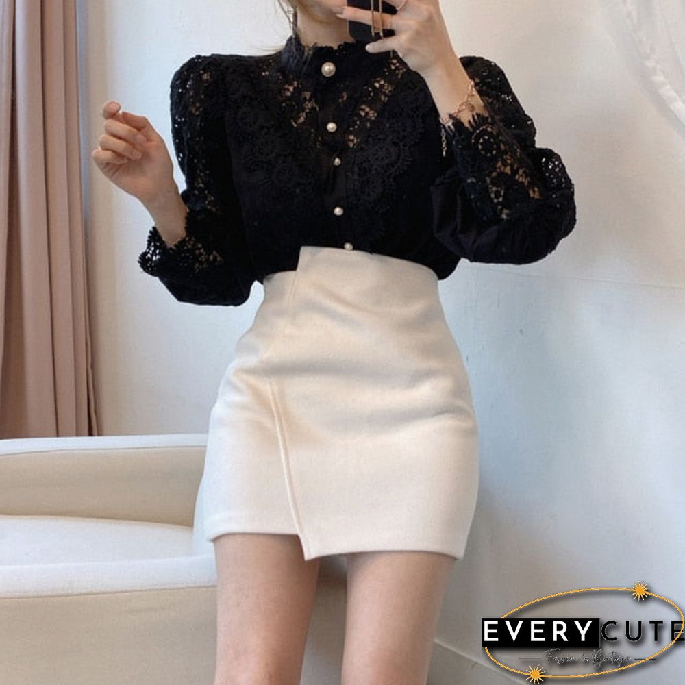 Womens Sexy Lace Patchwork Hollow Out T-Shirt Long Sleeve Crew Neck Button Mesh Design