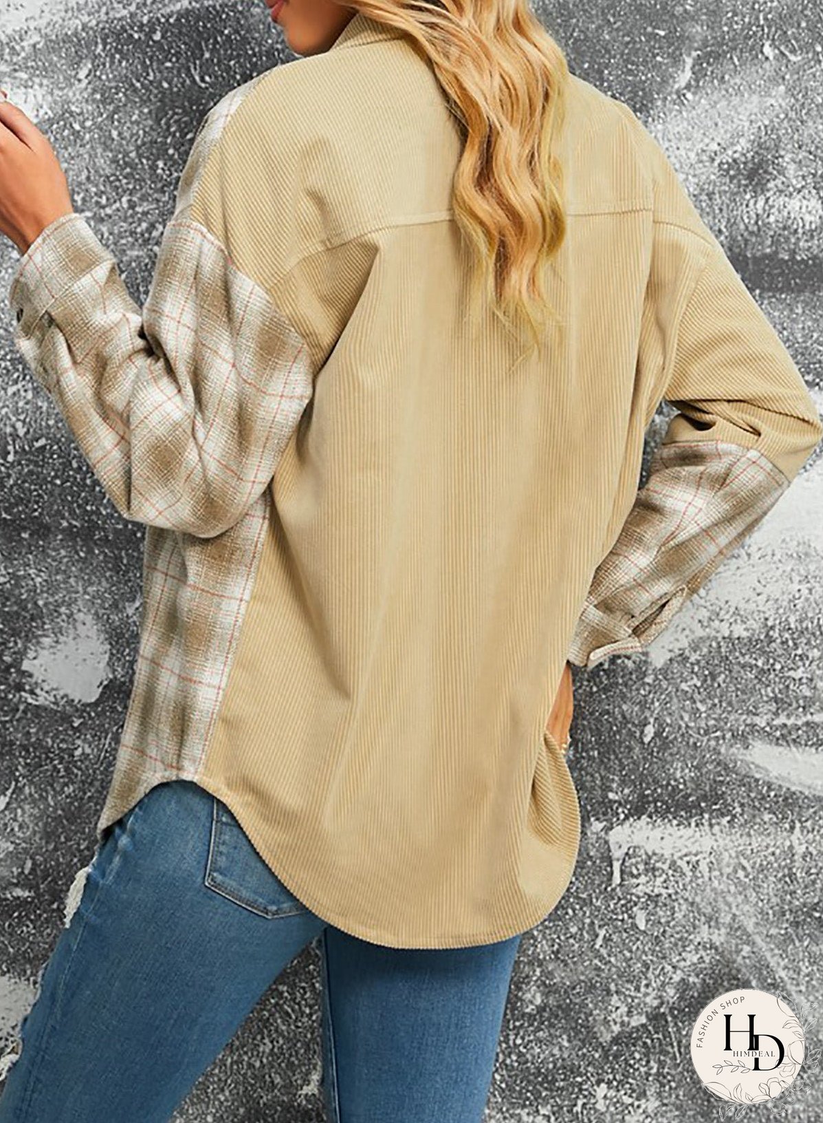 Double Take Plaid Color Block Dropped Shoulder Corduroy Shacket