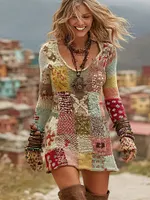 Women's Bohemian Floral Knit V-neck Dress