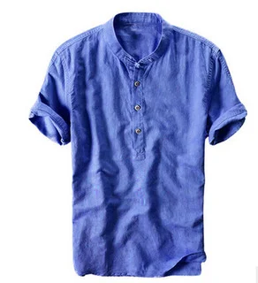 Brownm Brownm Summer Travel Holiday Men's Leisure Simple Small Fresh Linen Shirt Thin Solid Color Short-Sleeved Leisure T-Shirt