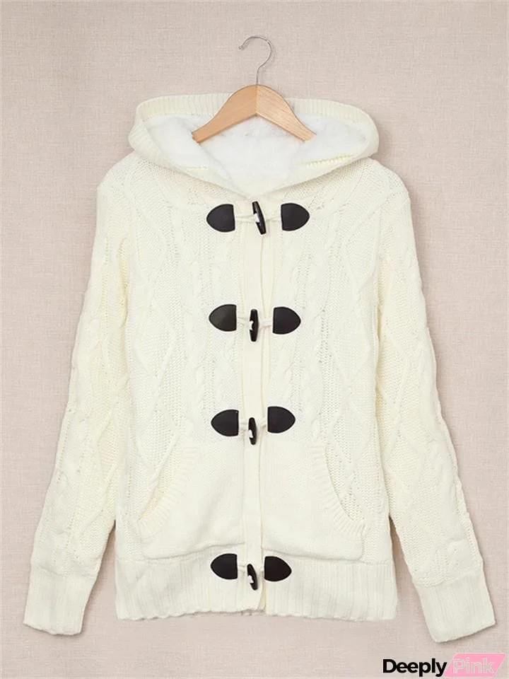 Women's Fashion Twisted Horn Button Knitted Hooded Sweater Coat