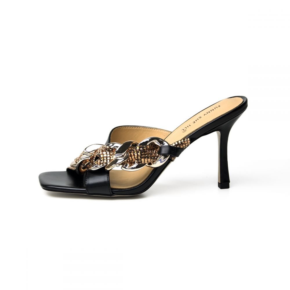 Metallic Chain Black Heels Mule Heels Slides Shoes Nicepairs