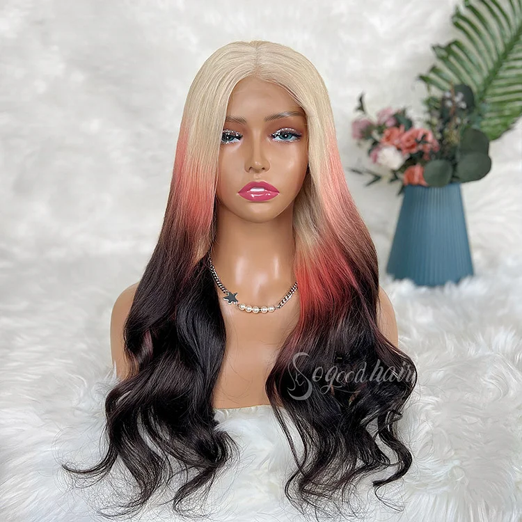 Libby| Luxurious Soft Wave Ombre Blonde/ Pink/ Black Raw Hair Wig