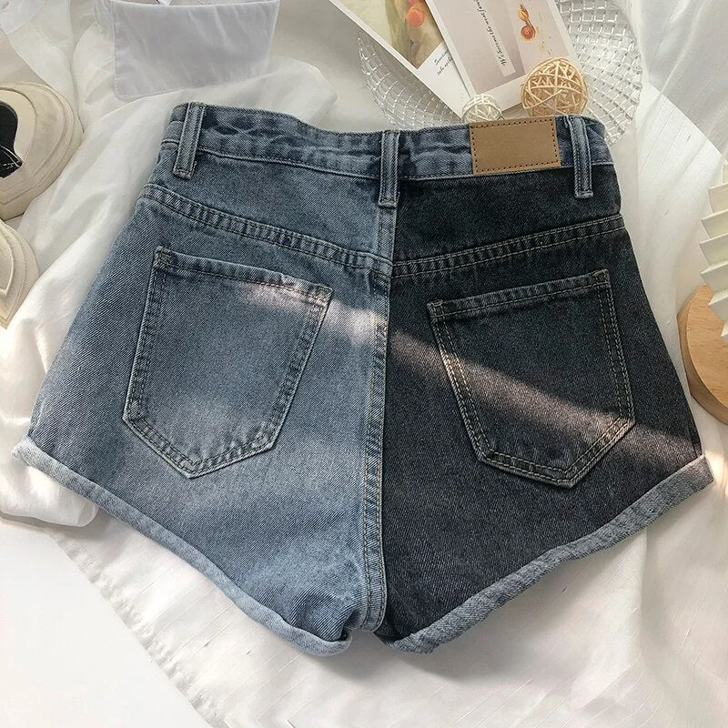 FTLZZ Summer New Women Splicing Denim Shorts Lady Slim Elastic Cuffs Wide Leg Pants Fashion High Waist Comfortable A-line Shorts