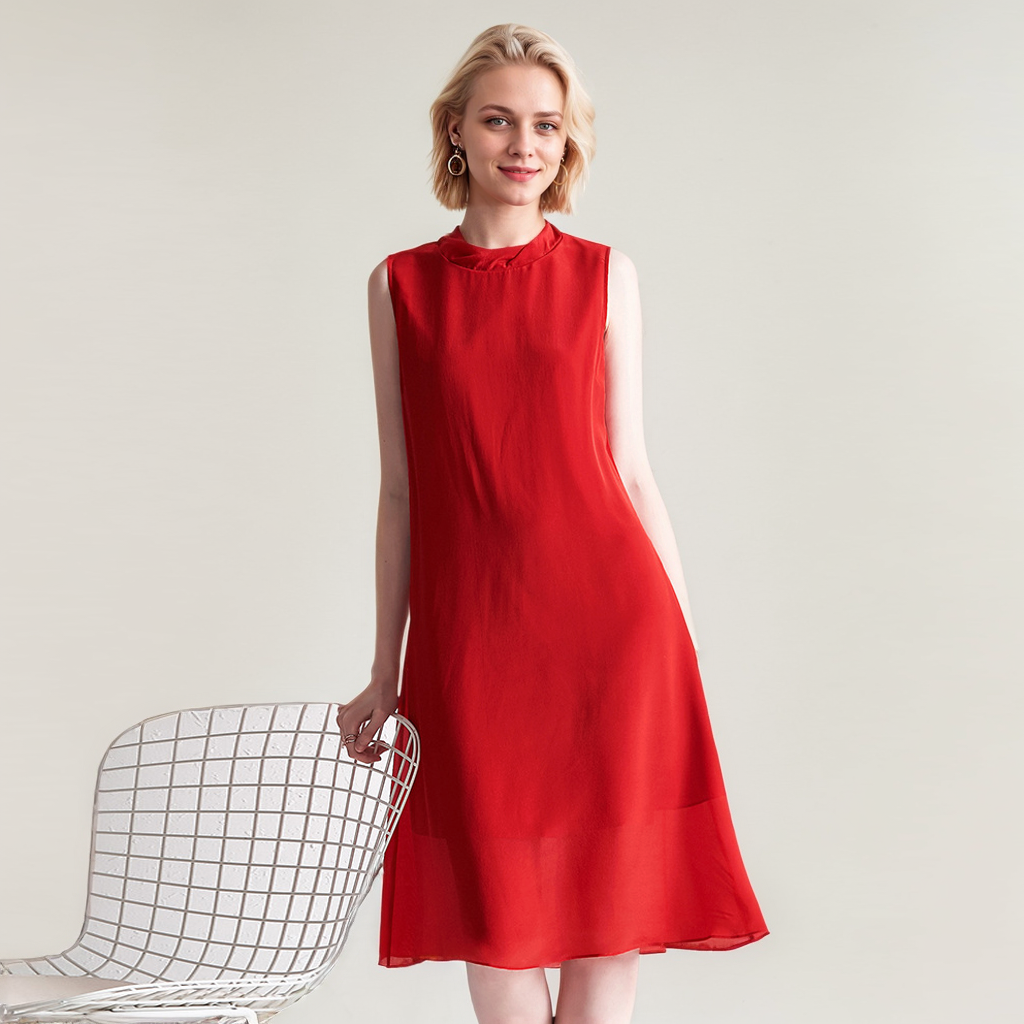 Red Silk Chiffon Dresses Sleeveless For Vacation REAL SILK LIFE