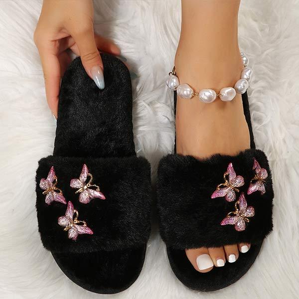 Women's Butterfly Fur Flat Slippers