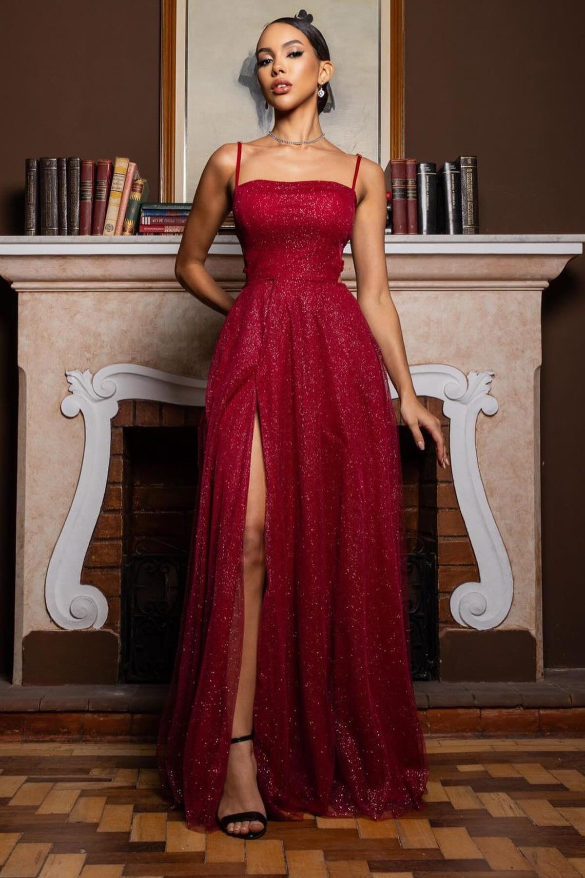 Lvs&Broner Sequins Spaghetti Strap Sleeveless Long Prom Dress With High Split