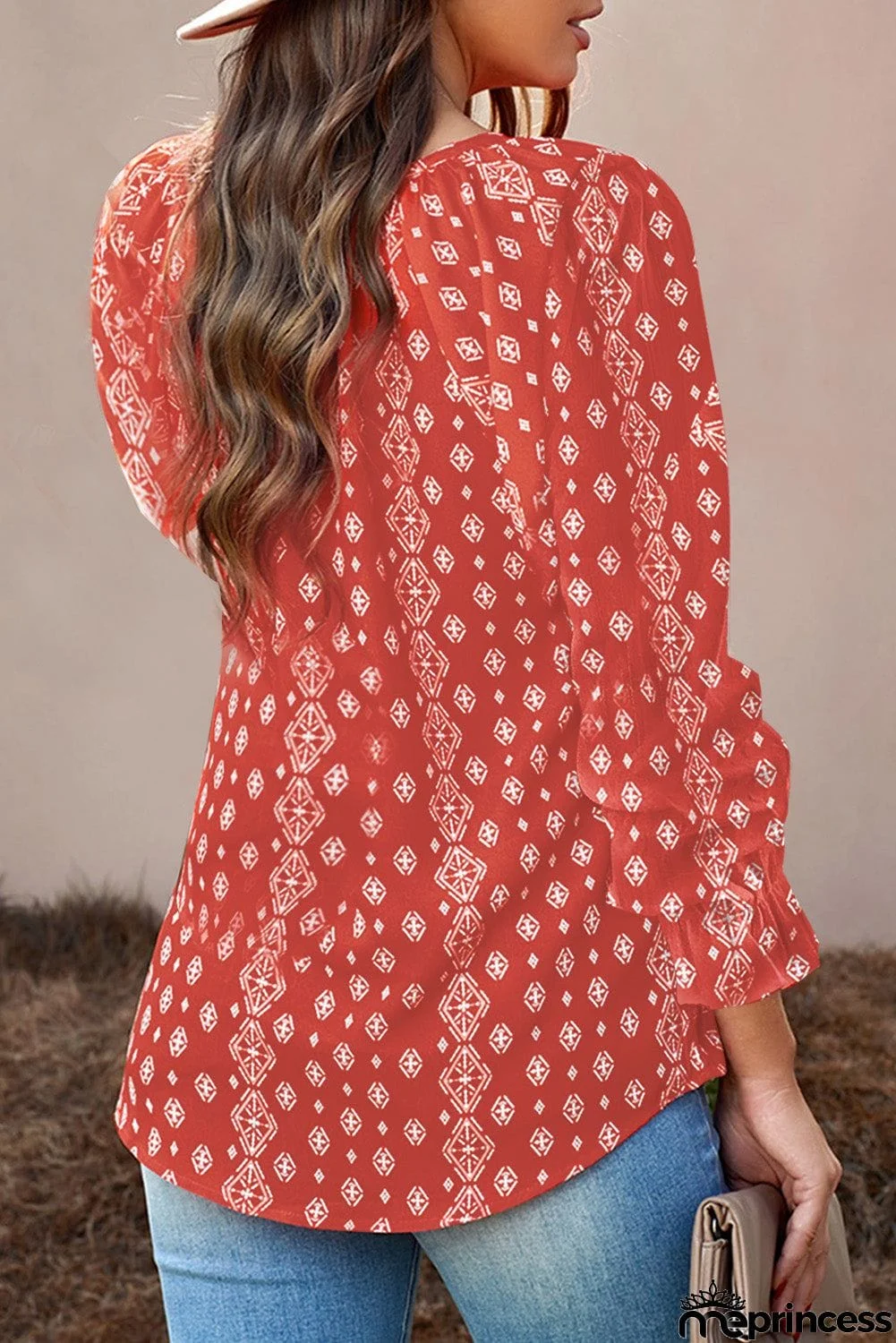 Printed Long Sleeve V-Neck Drawstring Shirt