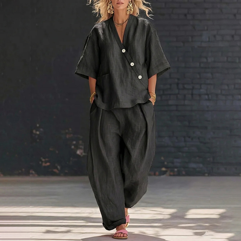 Comstylish Casual Solid Color V-neck Loose Short-sleeved Top And Trousers Two-piece Set