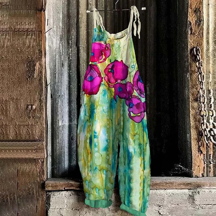 Vintage Abstract Poppies Gorgeous Flowers Graphic Casual Loose Jumpsuit