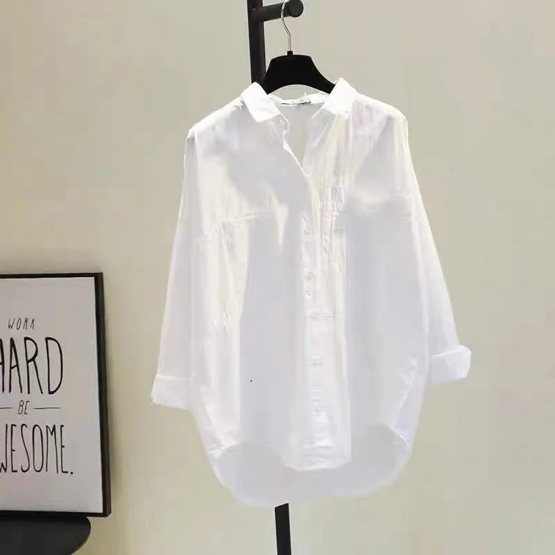Uveng Uveng Cotton Single-Dnecked Collar Long Shirt In Pure Color White Loose Long-Sleeved Shirt For Women