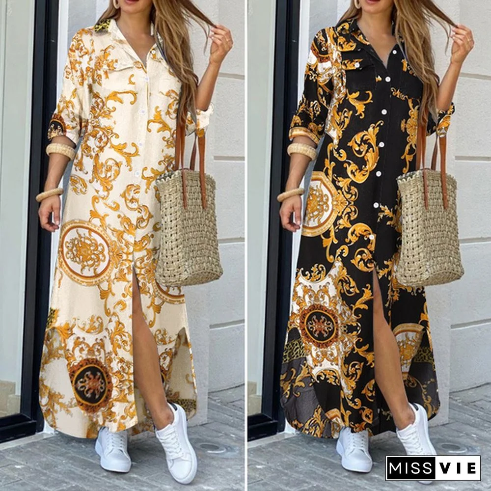 Women Casual Daily Full Sleeve Turn-Down-Collar Shirt Dress Buttons Down Chains Printed Fashion Streetwear Dress Loose Long Dress