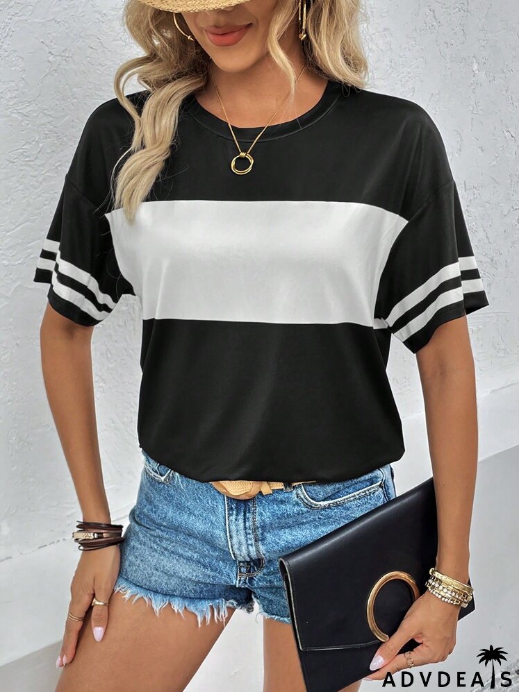 Colorblock Striped Print Drop Shoulder Tee