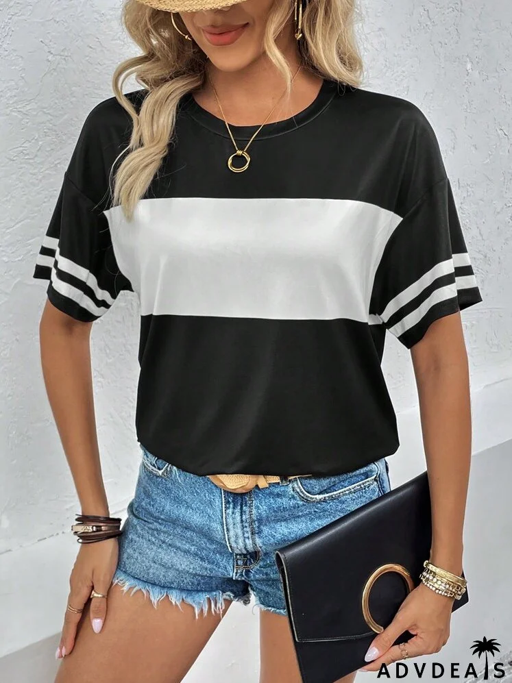 Colorblock Striped Print Drop Shoulder Tee