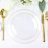 10 Pack | Clear Hammered 7" Round Plastic Dessert Appetizer Plates With Gold Rim, Disposable Salad Party Plate