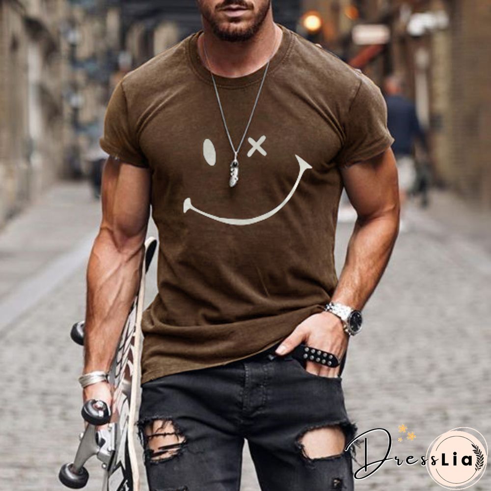 Mens Fashion Washing Short Sleeve Smiley T-Shirt