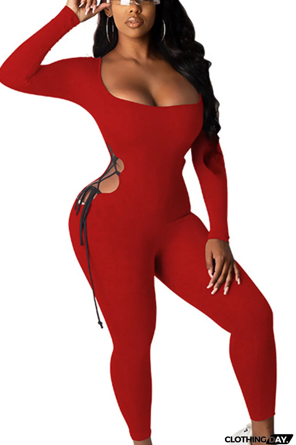 Grey Sexy Polyester Milk Fiber Solid Hollowed Out Frenulum U Neck Skinny Jumpsuits